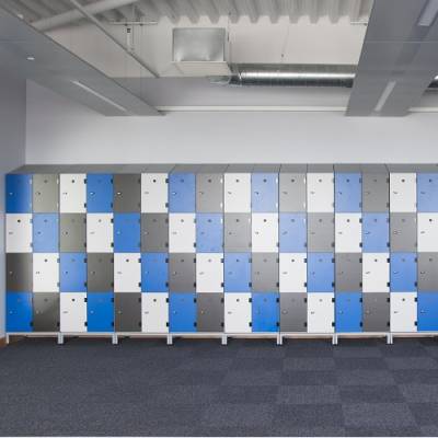 Bright Blue, White And Grey Lockers In A UK School